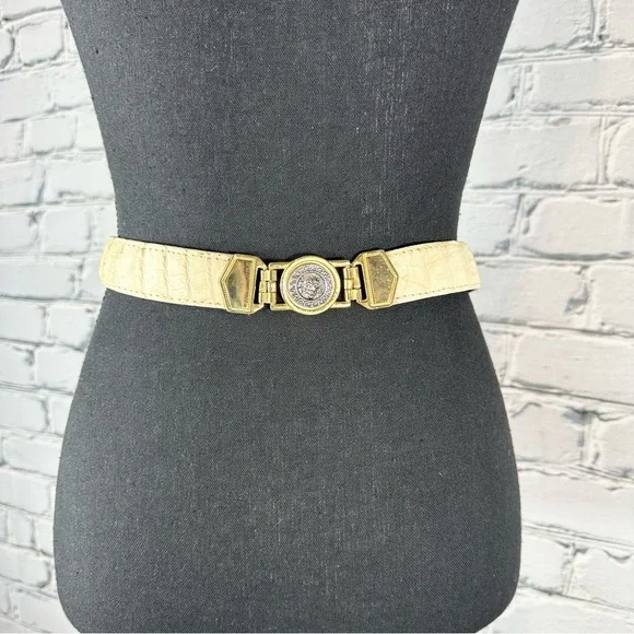 Vintage El General Genuine Caiman Skin Belt Cream Gold Metal Lion Western 40